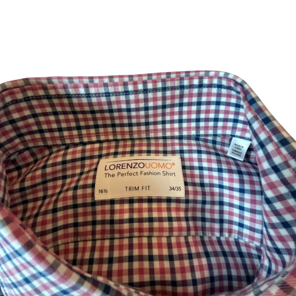 Lorenzo Uomo Mens Trim Fit Dress Shirt 16.5 34/35 Red Navy Check Long Sleeve EUC - Picture 7 of 8